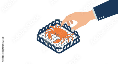 Hand releasing crab into cage isometric wildlife conservation concept