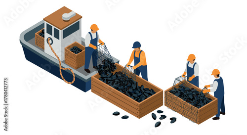 Isometric workers collecting shellfish from fishing boat