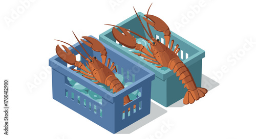Isometric lobsters in containers colorful seafood market theme for culinary and ocean design