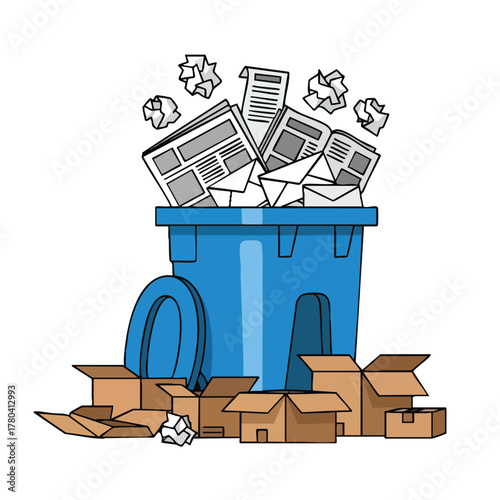 Blue trash can overflowing with paper waste and cardboard boxes