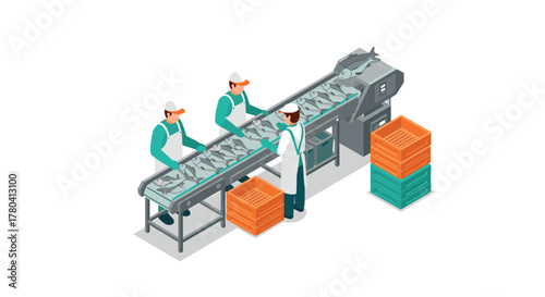 Isometric factory workers sorting fish on conveyor belt in food processing facility