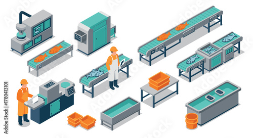 Isometric fish processing plant with workers in orange uniforms and conveyor belts
