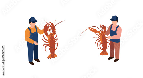 People holding lobsters in isometric style on white background