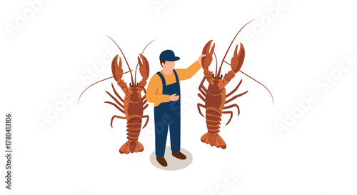 Isometric seafood worker with giant lobsters on white background