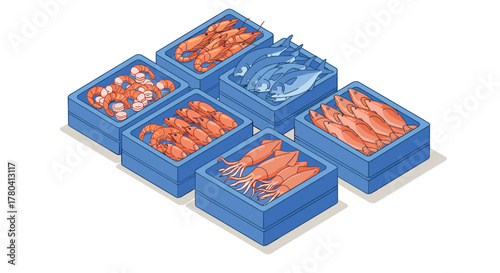 Fresh seafood market display with isometric fish and shellfish in blue boxes