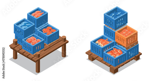 Isometric fish market display colorful crates and fresh seafood on wooden stands