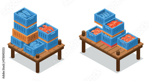 Isometric seafood market display with blue and orange crates on wooden stalls