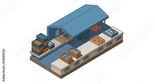 Isometric fish market scene with stalls and seafood crates in blue and orange