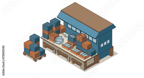 Isometric warehouse with shipping containers and vehicles in flat style