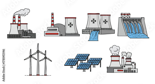 Energy Sources A Set of Illustrations Depicting Power Plants and Renewable Energy Technologies