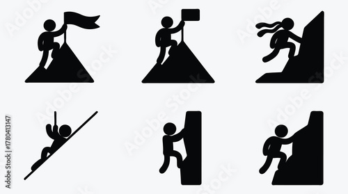 Stick figure climbers achieving mountain peak goals and overcoming challenges