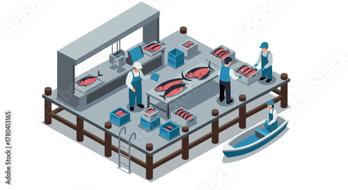 Isometric fish processing facility workers filleting fresh tuna at nautical pier