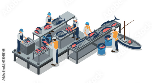 Isometric fish processing with workers in seafood factory