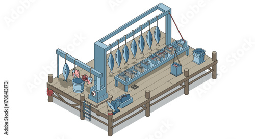 Isometric fishing dock with hanging fish and crates in calm blue tones