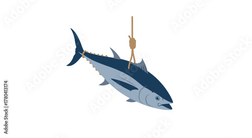 Tuna fish suspended on rope  minimalist marine design for educational or culinary use