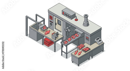 Automated meat processing plant in 3d isometric design