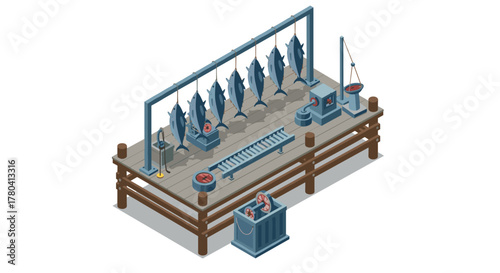 Isometric fish processing plant on wooden dock platform with equipment