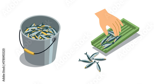 Isometric design of fresh fish in bucket and hand arranging fish on tray