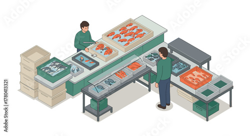Isometric marketplace scene with fish vendors arranging fresh seafood display on counters