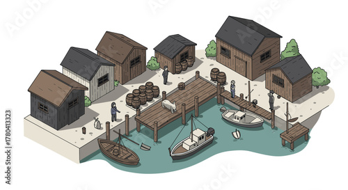 Isometric historic dock scene with boats and wooden buildings