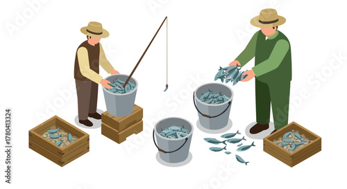 Isometric fishermen sorting and collecting fish in wooden crates and buckets