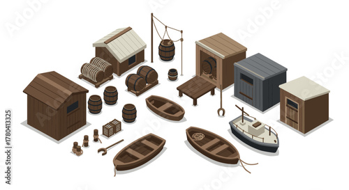 Isometric fishing village scene with boats, barrels, and wooden structures