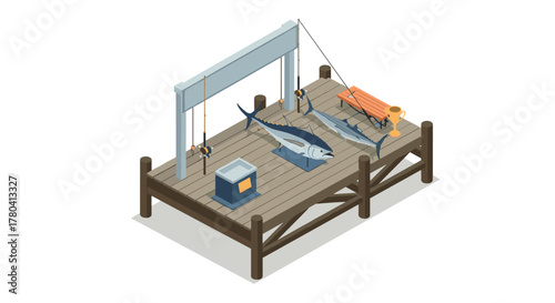 Isometric fishing platform with tuna, trophies, and gear on wooden dock