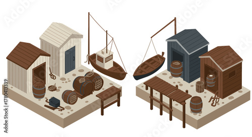 Coastal fishing village scene with wooden boats and rustic sheds in isometric style