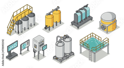 Isometric water treatment plant equipment set with tanks and control systems