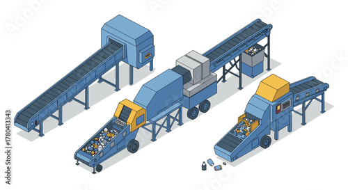 Modern isometric recycling plant conveyor system with automated sorting machines