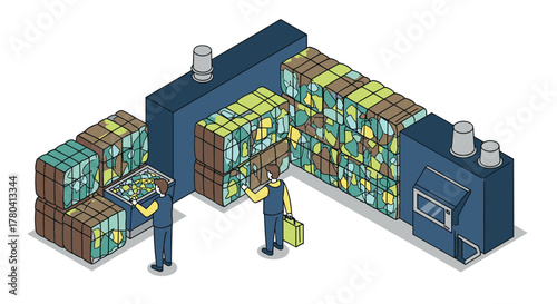 Workers sorting and managing recycle waste bales in an isometric industrial setting