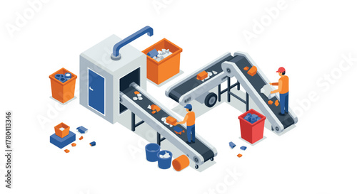 Automated recycling conveyor system with workers sorting waste in isometric design
