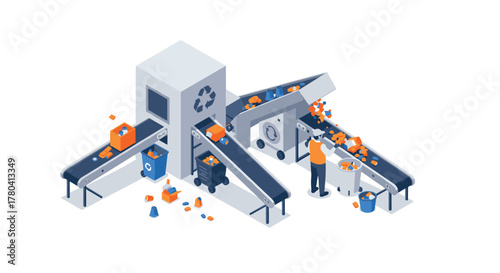 Automated recycling process with conveyor belts in isometric design