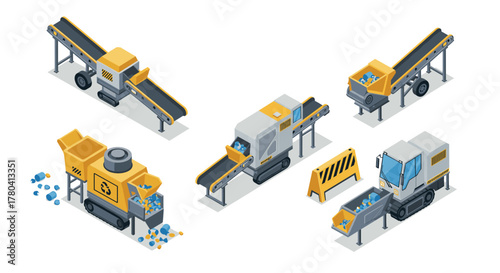 Isometric recycling conveyor machines with rock and plastic processing