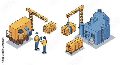 Industrial logistics and manufacturing process in isometric style