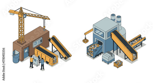 Isometric industrial factory with conveyor belts and crane efficient manufacturing process