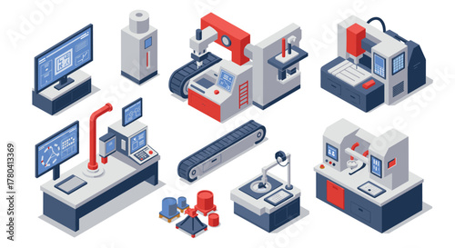 Isometric manufacturing equipment in modern factory setting featuring machinery and technology