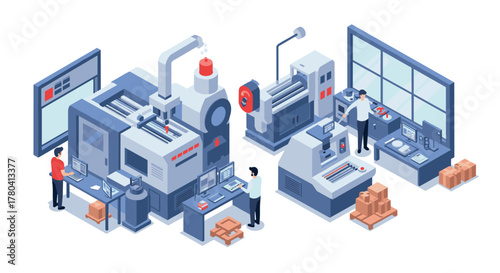 Isometric factory workshop with machinery and workers in modern industrial setting