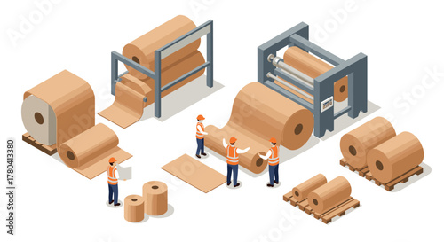 Isometric paper production process with workers and machinery