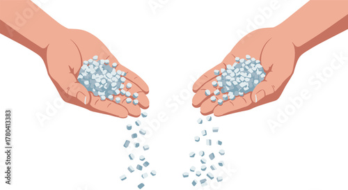 Hands holding and pouring plastic granules in detailed realistic style