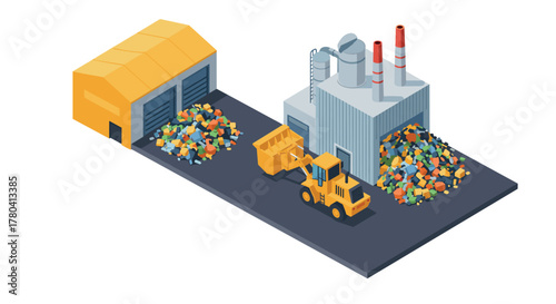 Industrial recycling and waste management facility with machinery and sorting bins