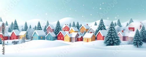 Panoramic winter landscape illustrating a cozy christmas village with snow-covered trees and hills