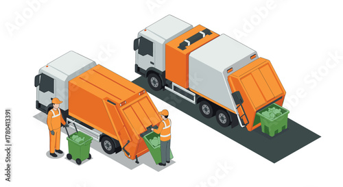 Isometric garbage truck and worker scene with waste management themes