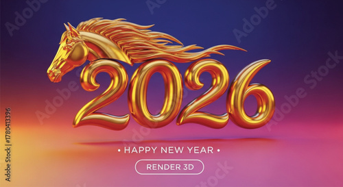A stunning 3D render showcases a golden horse head gracefully integrated with the year 2026, creating a visually appealing Happy New Year design for cards.