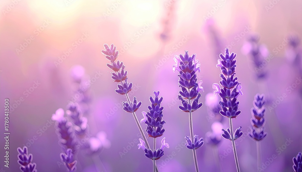 Naklejka premium Close up macro shot of blooming purple lavender flowers with soft glowing sunlight and bokeh effect in a field