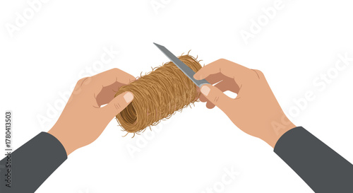 Hands holding knife and twine roll for cutting in realistic style