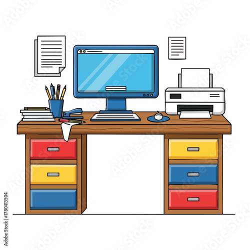 Workspace Setup Modern Desk with Computer, Printer, and Office Essentials