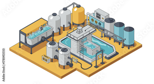 Modern isometric water treatment plant with tanks and filtration system