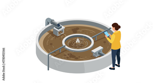 Woman monitoring circular sewage treatment process on tablet