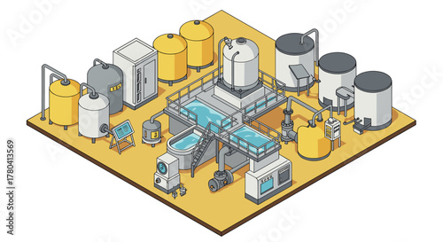 Modern isometric water treatment plant with equipment and tanks
